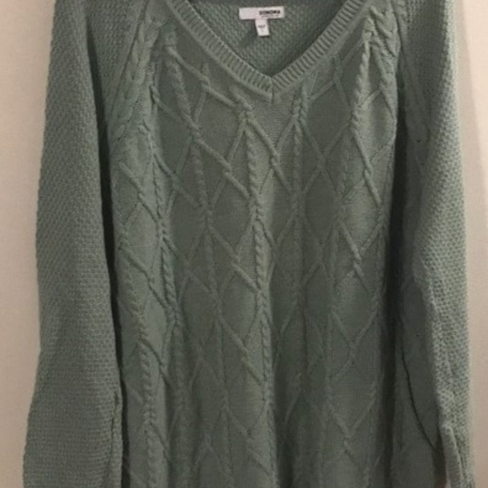 Sonoma Green V-Neck Cable Sweater Size Small